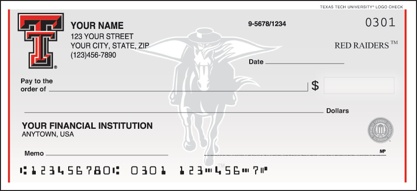 Texas Tech University Logo Personal Checks -100 Checks (1 Box)