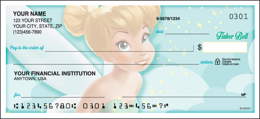 Now available with the convenience of side tear! Tinker Bell side tear checks capture this Disney Fairys personality accented by four vibrant colors. Want more? Add Tinker Bell return address labels to your order! We are now offering Side Tear Tinker Bell Checks. Also enjoy a wide selection of more Side Tear Disney Personal Checks.