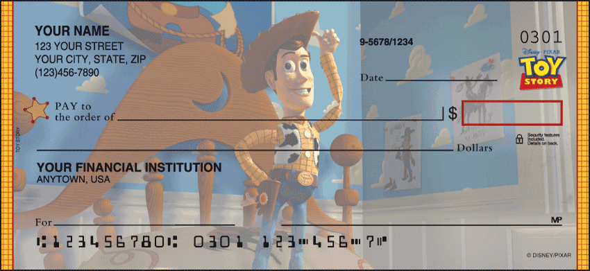 Add adventure to your check-writing routine with Disney Pixar Toy Story designs! Our checks feature all of your favorite characters from Sheriff Woody Buzz Lightyear and Jessie to Hamm Rex and Bullseye. We also have coordinating Toy Story return address labels and a Toy Story checkbook cover. We are now offering Disney/Pixar Toy Story Checks. Also enjoy a wide selection of more Disney Personal Checks.