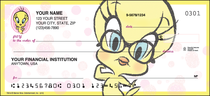These Tweety Checks shine in colorful accents with black and white designs.  Tweety Bird is a fun accent to your checkbook.  Buy Tweety checks today. Coordinating return address labels are available. We are now offering Totally Tweety Checks. Also enjoy a wide selection of more Cartoon Personal Checks.