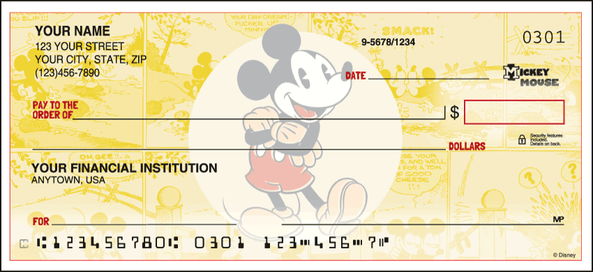 The Mouse is in the House! Choose these vintage Mickey Mouse checks designed using vibrant colors. Mickey shares the spotlight with Minnie on a checkbook cover or choose address labels featuring the famous mouse. We are now offering Vintage Mickey Checks. Also enjoy a wide selection of more Disney Personal Checks.