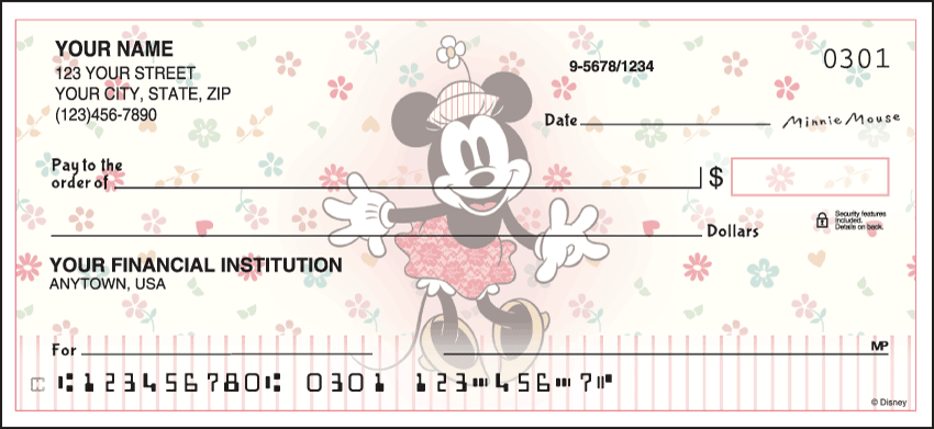 Make check-writing sweet again with Vintage Minnie Mouse checks! Available in four designs that display her vibrant personality. We also offer a checkbook cover featuring Vintage Mickey Mouse and Minnie Mouse dancing together. We are now offering Vintage Minnie Checks. Also enjoy a wide selection of more Disney Personal Checks.