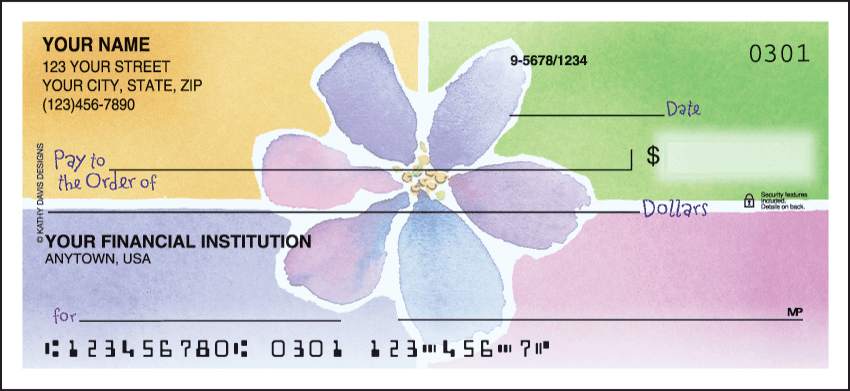 Now available with the convenience of side tear! Big and bold violets sunflowers tulips and mums are centered on colorful watercolor blocks illustrated by artist Kathy Davis. Coordinating address labels and checkbook cover are available. We are now offering Side Tear Watercolors by Kathy Davis Checks. Also enjoy a wide selection of more Side Tear Flower Personal Checks.