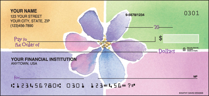 Big and bold violets sunflowers tulips and mums are centered on colorful watercolor blocks illustrated by artist Kathy Davis. Coordinating address labels and checkbook cover are available. We are now offering Watercolors by Kathy Davis Checks. Also enjoy a wide selection of more Flower Personal Checks.