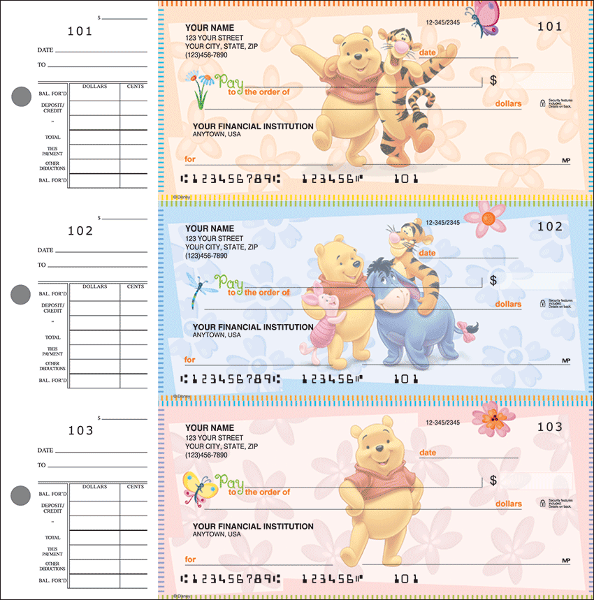 Desk Set Checks are ideal for anyone who wants the convenience of 3-on-a-page checks plus attached stubs for record-keeping. Each individual wallet-sized check is 6" x 2-3/4".  Overall sheet size is 8-1/8" x 8-1/4". We are now offering Winnie the Pooh desk sets Checks. Also enjoy a wide selection of more Desk Set Disney Personal Checks.