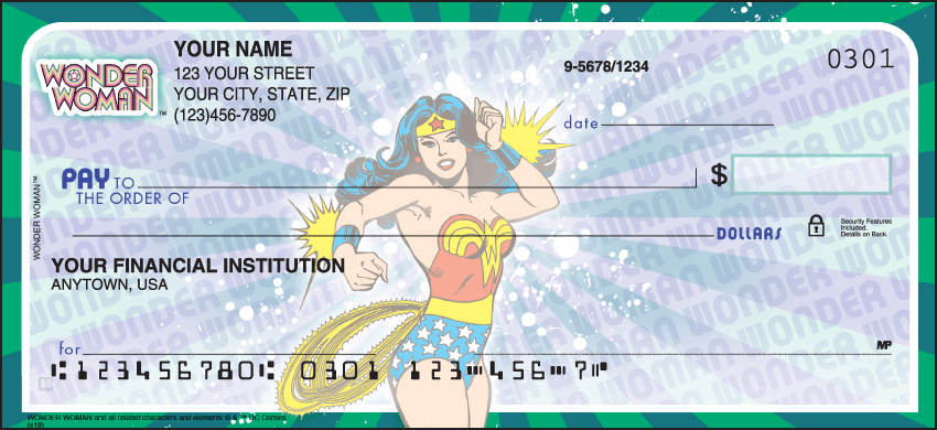 Tap into your super powers with Wonder Woman checks that showcase her fierce yet fair personality. Coordinating address labels and a checkbook cover are also available. We are now offering Wonder Woman Comics Checks. Also enjoy a wide selection of more Comic Personal Checks.
